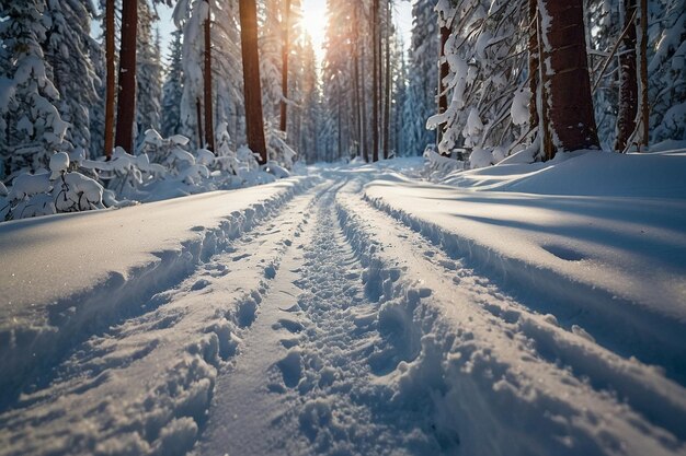 Snowcovered ski trail in forest