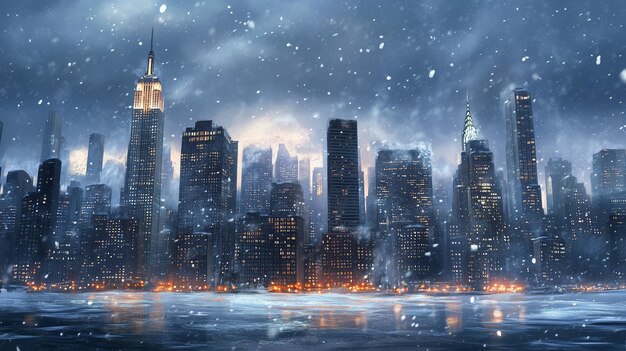 Photo snowcovered skyline view of new york city during a winter storm at twilight revealing iconic buildings in a magical atmosphere