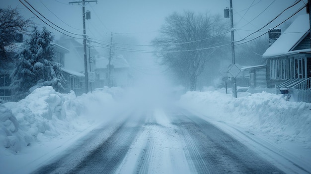 Photo a snowcovered street a nearly whiteout condition with barely visible buildings and trees