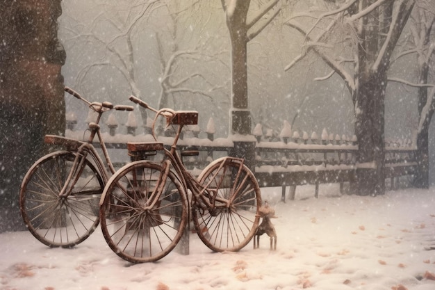 Snowcovered tandem bicycle waiting for riders created with generative ai