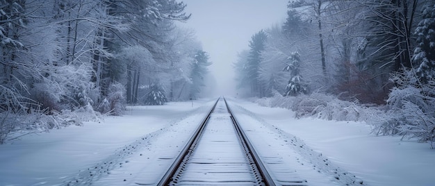 Photo snowcovered train tracks disappearing into the distance