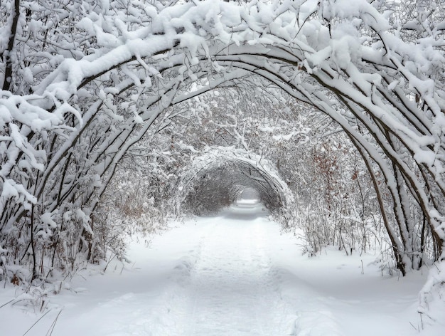 SnowCovered Tree Branches Forming An Archway Over A Snowy Path