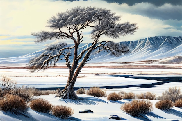 Snowcovered tree with a view of the frozen tundra and distant mountains