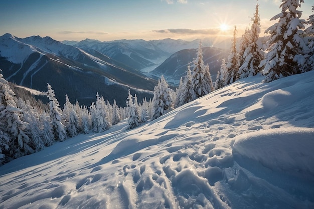 Snowcovered valley with ski trails