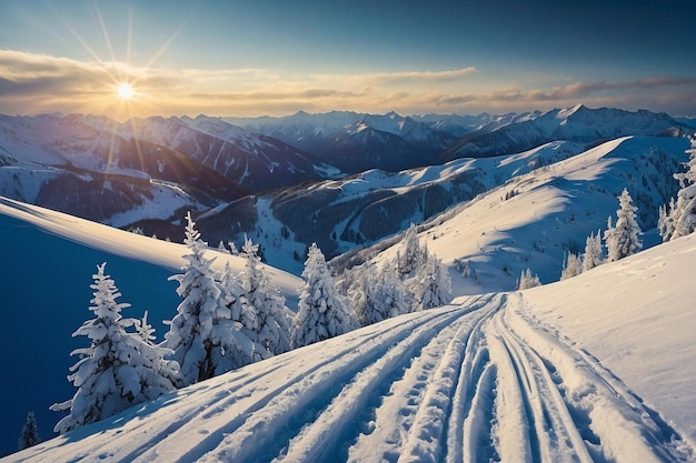 Snowcovered valley with ski trails