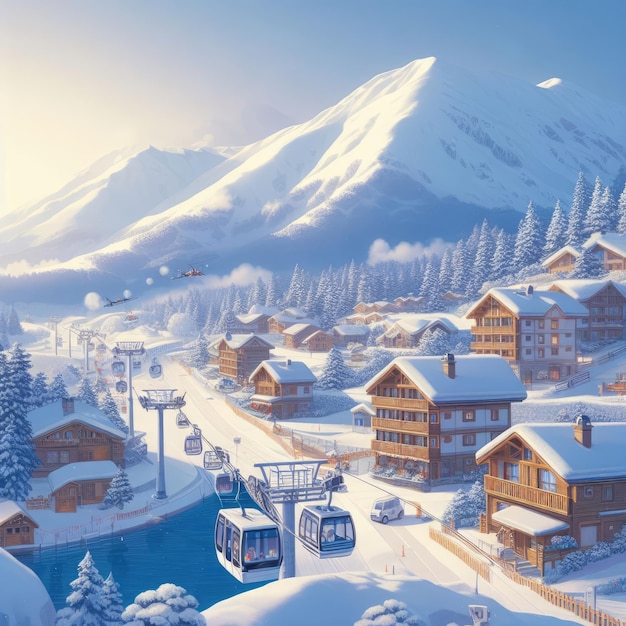 A snowcovered village at afternoon with ski resort