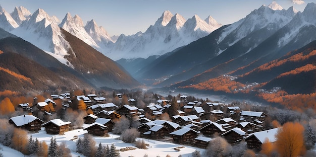 Snowcovered village between high mountains against the blue sky