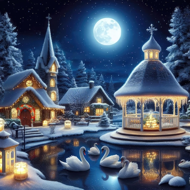 A snowcovered village at midnight with a moonlit lake with swans