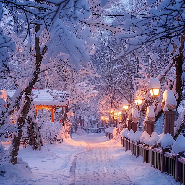 Photo snowcovered village with ice flowers and orange street lamps