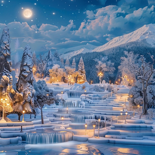 Photo a snowcovered waterfall and trees with a full moon in the background