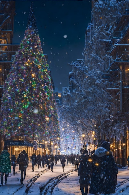 A snowcovered winter wonderland with a majestic Christmas tree in the center surrounded by twink