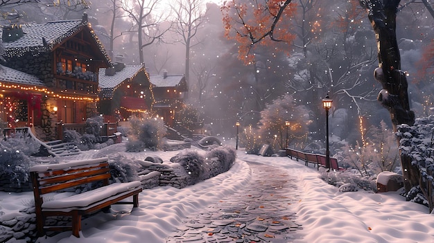 snowcovered wooden benches