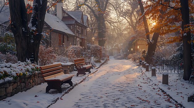 snowcovered wooden benches