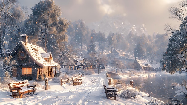 snowcovered wooden benches