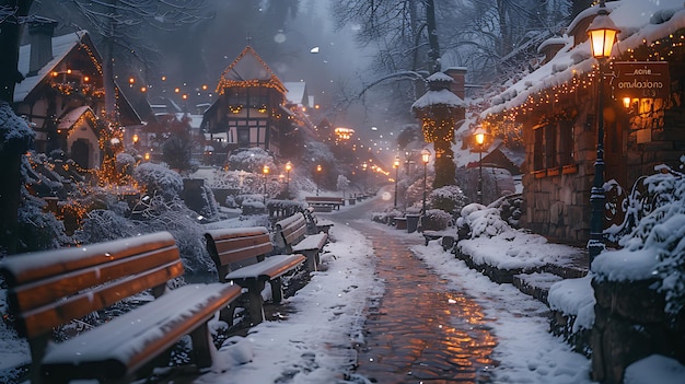 snowcovered wooden benches