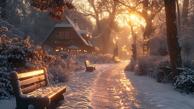 snowcovered wooden benches