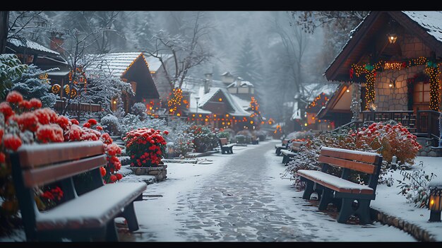 snowcovered wooden benches