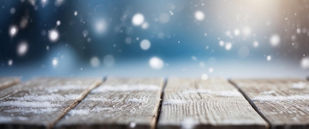 Photo snowcovered wooden planks with blurry blue background