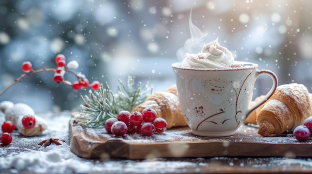 On a snowcovered wooden table a cup of aromatic coffee with cream hot croissants cranberries fir