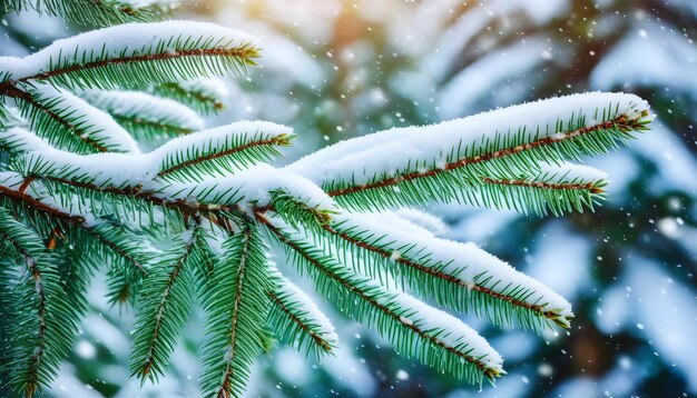 Photo snowdraped pine branch in a wintery snowy closeup