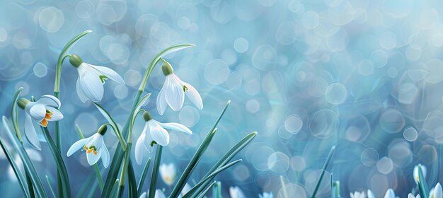 Snowdrop flowers bloom in grass on blue sky background