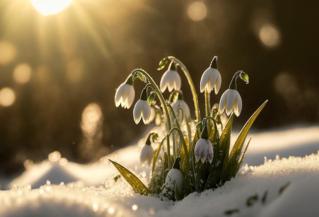 Snowdrop flowers under the snow spring Generative AI