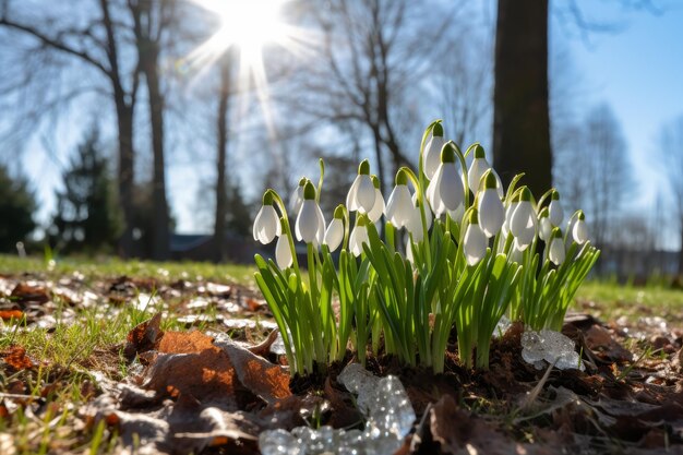 Snowdrops blooming in garden with sunlight background early spring melting snow