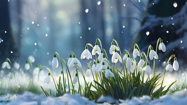 Snowdrops in the forest closeup