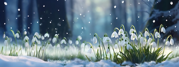 Snowdrops in the forest closeup