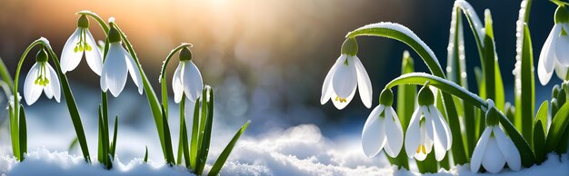 Snowdrops in snow first spring wildflowers bokeh effect selective focus