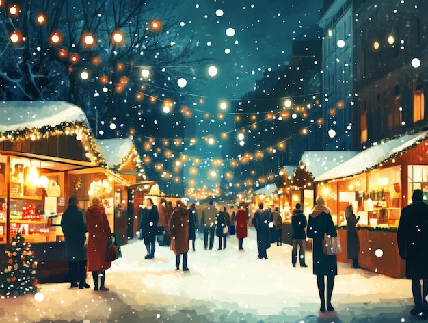 Snowfall and Christmas Lights at a Festive Market