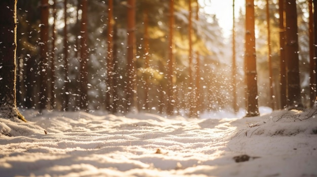 Snowfall in coniferous winter forest close up bright day sun rays breaking through trees