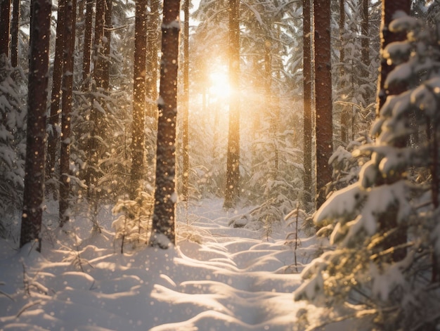 Snowfall in coniferous winter forest close up evening sun rays breaking through trees close up