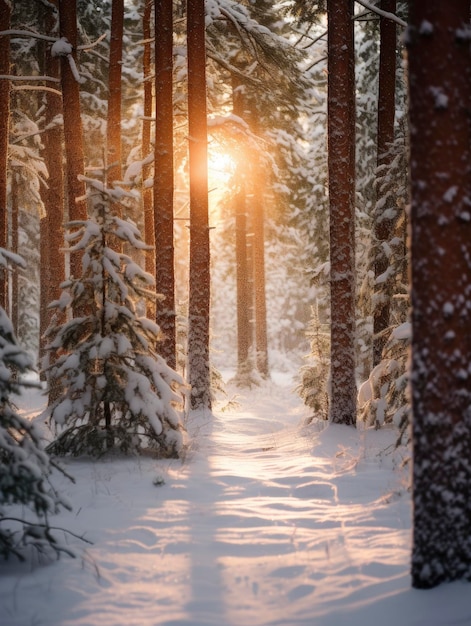 Snowfall in coniferous winter forest close up evening sun rays breaking through trees