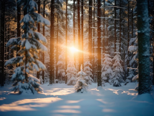 Snowfall in coniferous winter forest close up morning sun rays breaking through trees close up