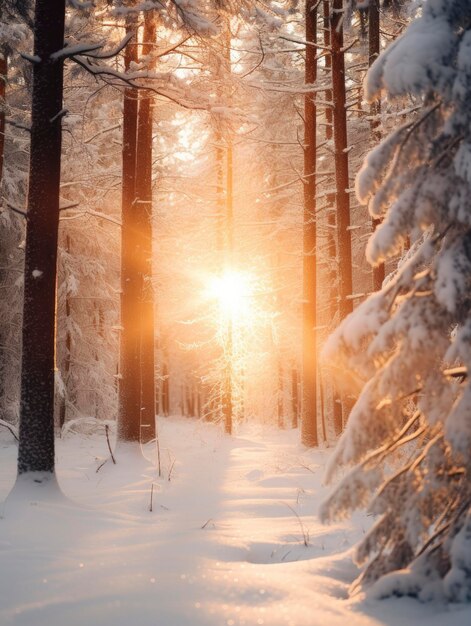 Snowfall in coniferous winter forest close up morning sun rays breaking through trees