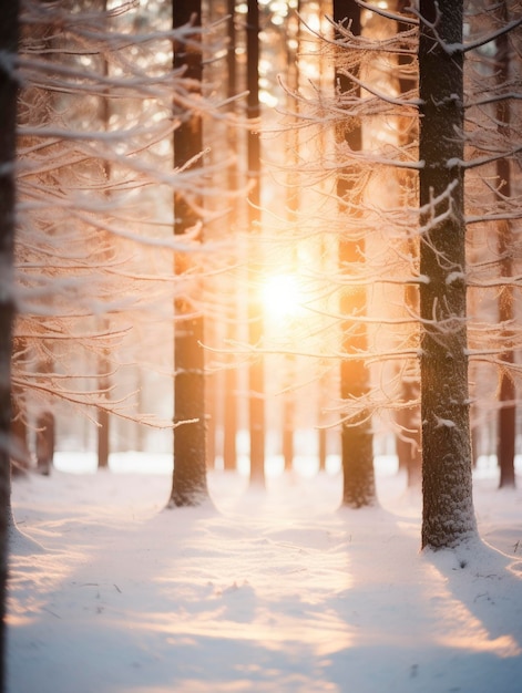 Snowfall in coniferous winter forest close up morning sun rays breaking through trees