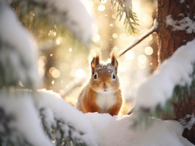 Snowfall in coniferous winter frosty forest close up bright day sun rays breaking through trees