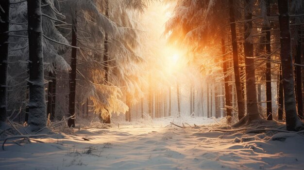 Snowfall in coniferous winter frosty forest close up morning sun rays breaking through trees