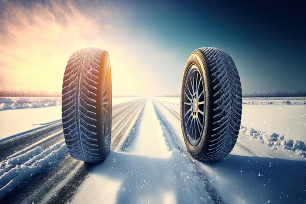 Snowfall and a slick winter road against a blue sky backdrop winter tires Safety on the Road