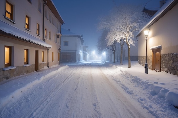 Snowfall taken with flash on a winter street Slovakia