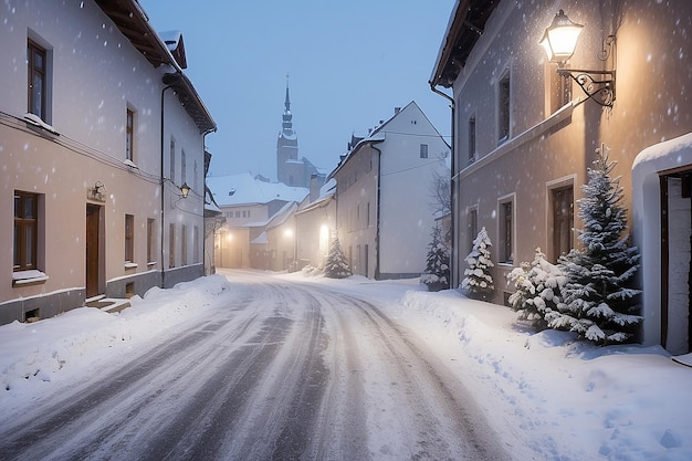 Snowfall taken with flash on a winter street Slovakia