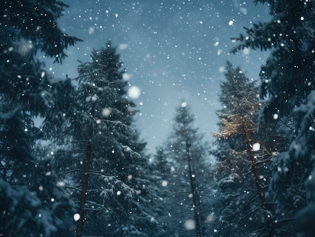 Snowfall in winter beautiful coniferous forest close up at night branches under snow