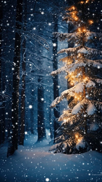 Snowfall in winter beautiful coniferous forest close up at night with Christmas tree in the center