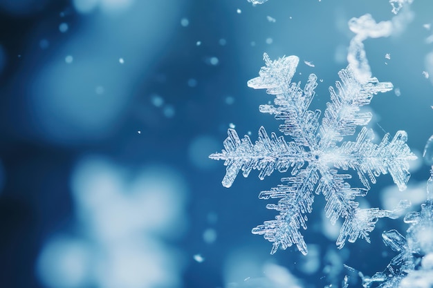 Snowflake gently falling through the air in a winter landscape during a snowy day