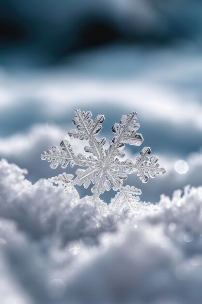 A snowflake is sitting on top of a snow covered hill