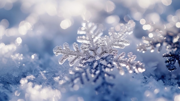 A snowflake is on top of a snow covered ground