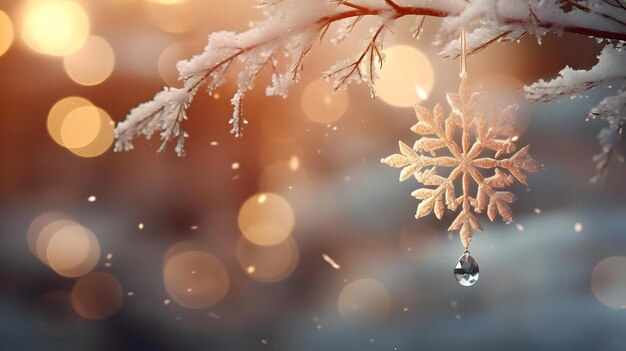 Snowflake Ornament Hanging on a Snowy Branch with Bokeh Lights Illustration