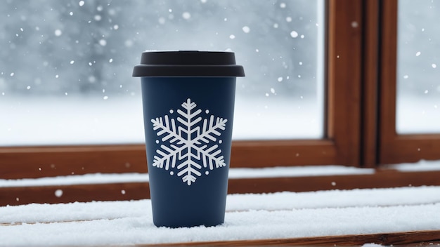 Photo snowflake travel mug on a wooden table by window