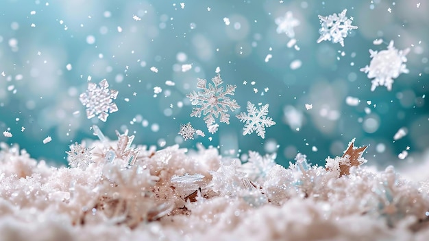 Photo snowflakes are scattered on a table and a blue background